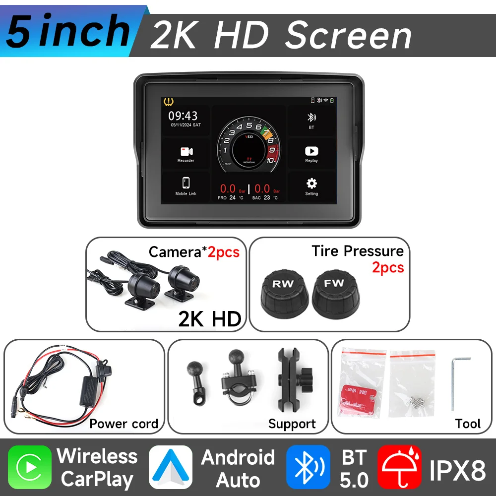 

Мотоциклетная GPS-навигация, беспроводной CarPlay, Android, мультимедийный плеер, 2K HD-рекордер, IP67, водонепроницаемый экран, Bluetoo