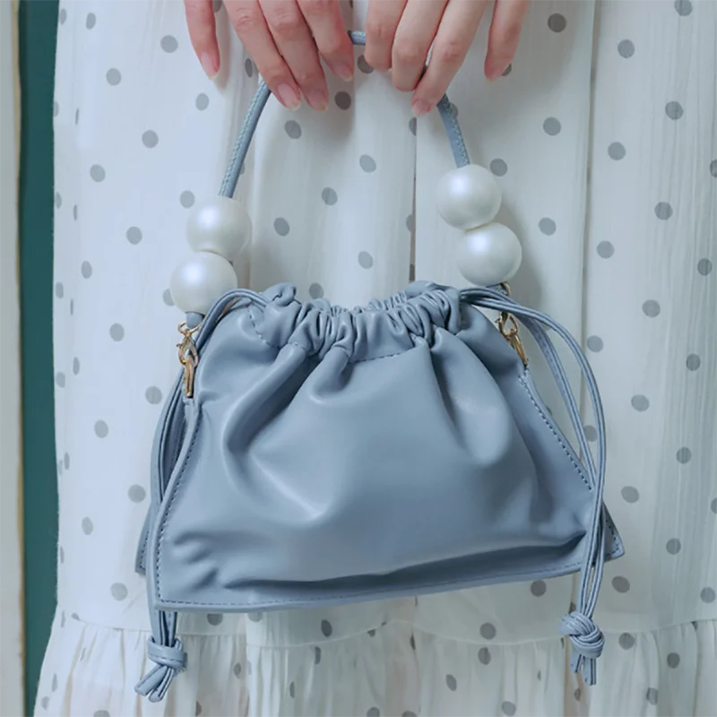 

Spring and summer new pearl pleated cloud underarm bag sweet soft leather tote bag fashion all-match drawstring messenger bag