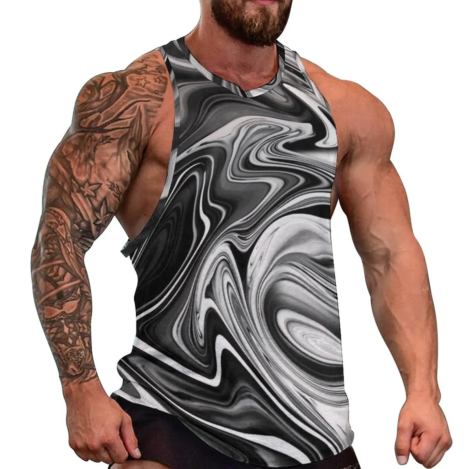 

Elegant Marble Tank Top Males Liquid Black and White Stripe Tops Daily Custom Workout Trendy Oversized Sleeveless Vests