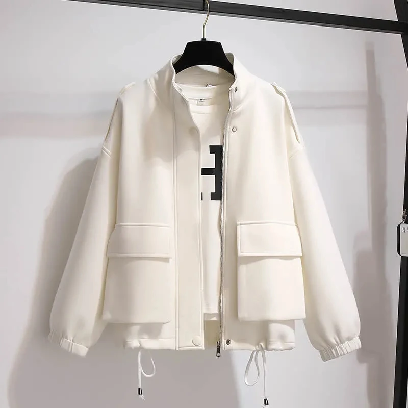 

Fashion Stand Collar White Jackets Women Design Drawstring Loose Casual Cropped Chaquetas Plus Size Pocket Zip Classic Outerwear