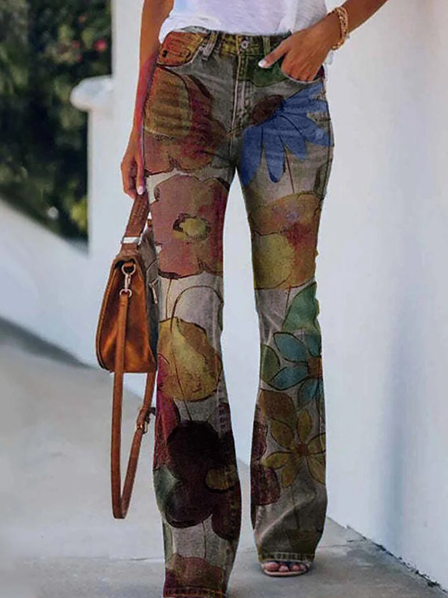 Vintage-inspired Women s Grunge Jeans with Floral Print - Low Waist Slim Fit Button Zipper Trousers for Y2K and 90s E-girls