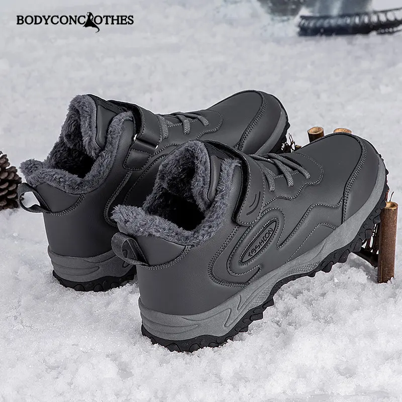 2022 Winter Women Men Boots Plush Leather Waterproof Sneakers Climbing Hunting Shoes Unisex Lace-up Outdoor Warm Hiking Boot Man