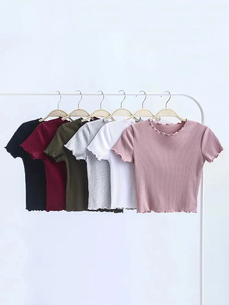 

Vintage Wood ears O neck Short sleeve T-shirt 2023 New Woman Slim Fit t shirt tight tee Summer Retro Tops 6 colors