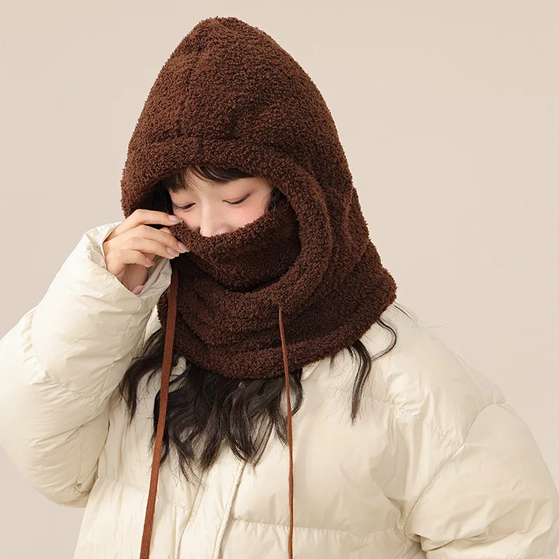 Hat Women Autumn and Winter Warm Artifact Cycling Windproof Cold-Proof Plush Earmuff Sleeve Cap Men's Scarf One Hood