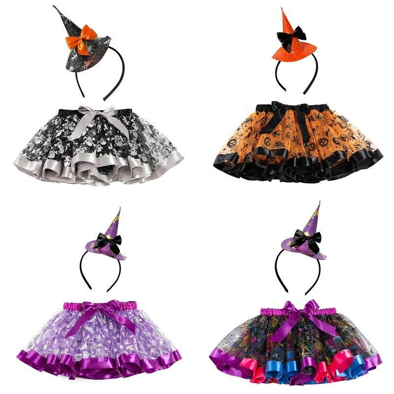 

Kids Girl Spider Web Tutu Cobweb Skirt Witch Wizard Hat Carnival Birthday Party Carnival Dressed Up Costume Cosplay Halloween