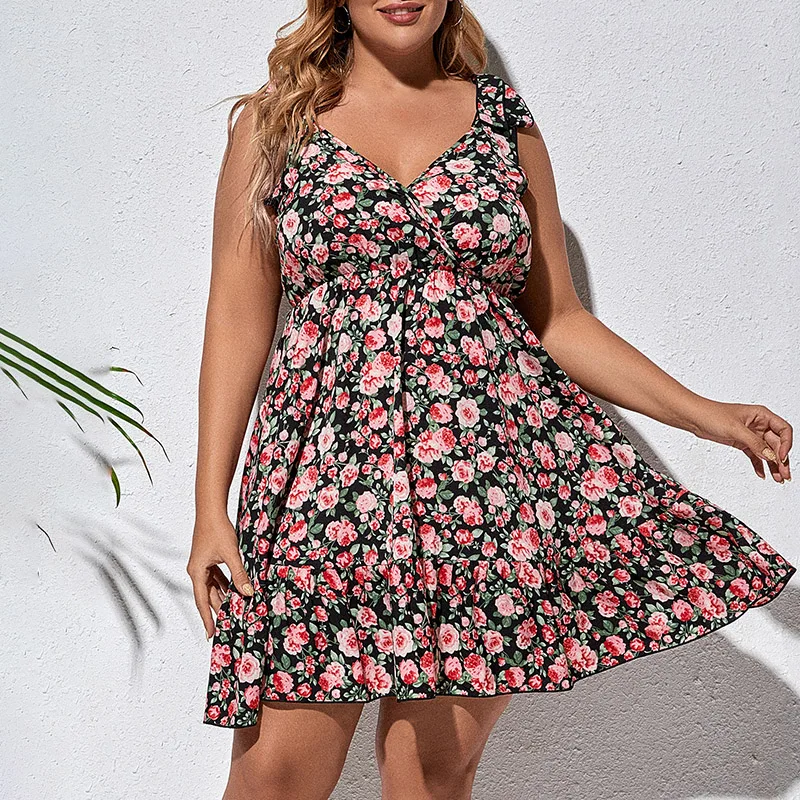 

Women Plus Size Sexy Spaghetti Strap V-neck Floral Dresses Vintage High Waist Loose Bohemian Ruched A-line Mini Pleated Dress