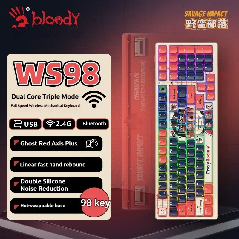 Фото A4Tech Bloody Savage Impact WS98 Трехрежимная беспроводная механическая клавиатура Эргономичная горячая замена Механическая игровая клавиатура для киберспорта №4
