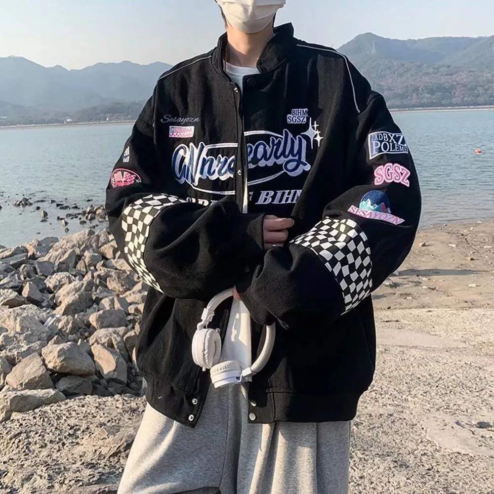 

racer jacket Men Embroidery Fashion Streetwear Women Y2K HipHop Motorcycle Plaid Vintage Bomber Harajuku Autumn Jackets Coat