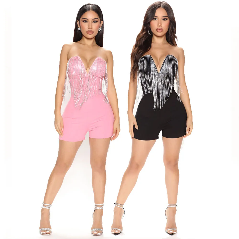 2022 women's hot style fashion strapless deep v sexy nightclubs with crystal tassels conjoined shorts