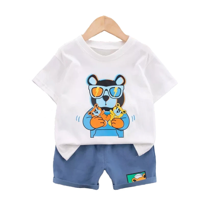

2Pcs Summer Baby Suit Children Fashion Cotton O-neck Boys Cartoon Bear T-Shirt Shorts Pocket Toddler Clothing Kids Tracksuits
