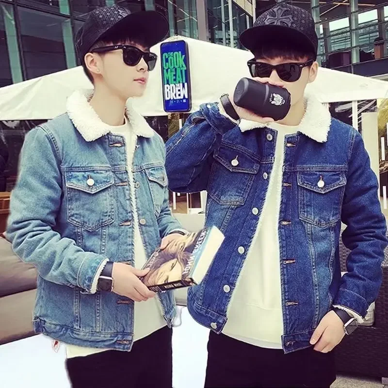 Мужская модная утолщенная джинсовая куртка на флисовой подкладке зимнее