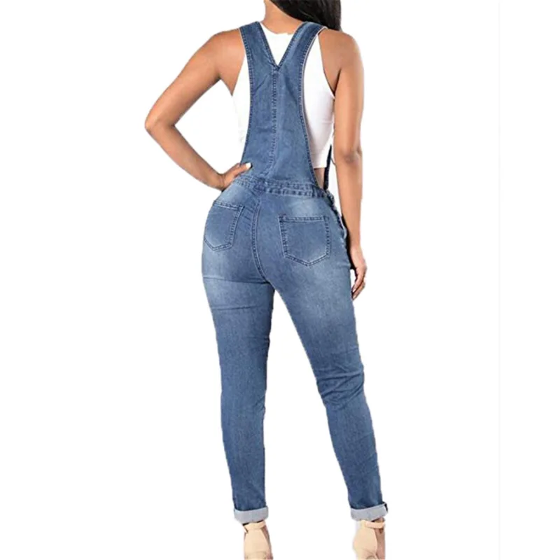 Light Blue Denim Pants Slim 2023 New Women's Clothing New Worn-out Personality Ankle Length Denim Suspenders Street Trendsetter