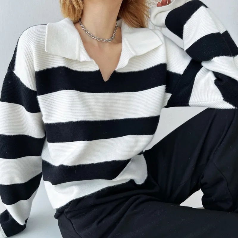 

WOMEGAGA Spring And Autumn Street Spice Girl Style Striped Lapel Pullover Women's Loose Casual Long Sleeve Knit Sweater 26Q