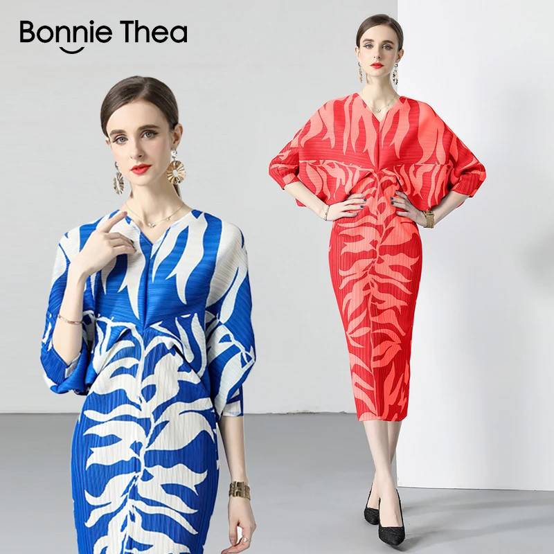 

Miyake Midi Batwing Sleeves Chiffon Printed dresses for women plus size summer 2023 Pleated long dress Office lady Dress Female