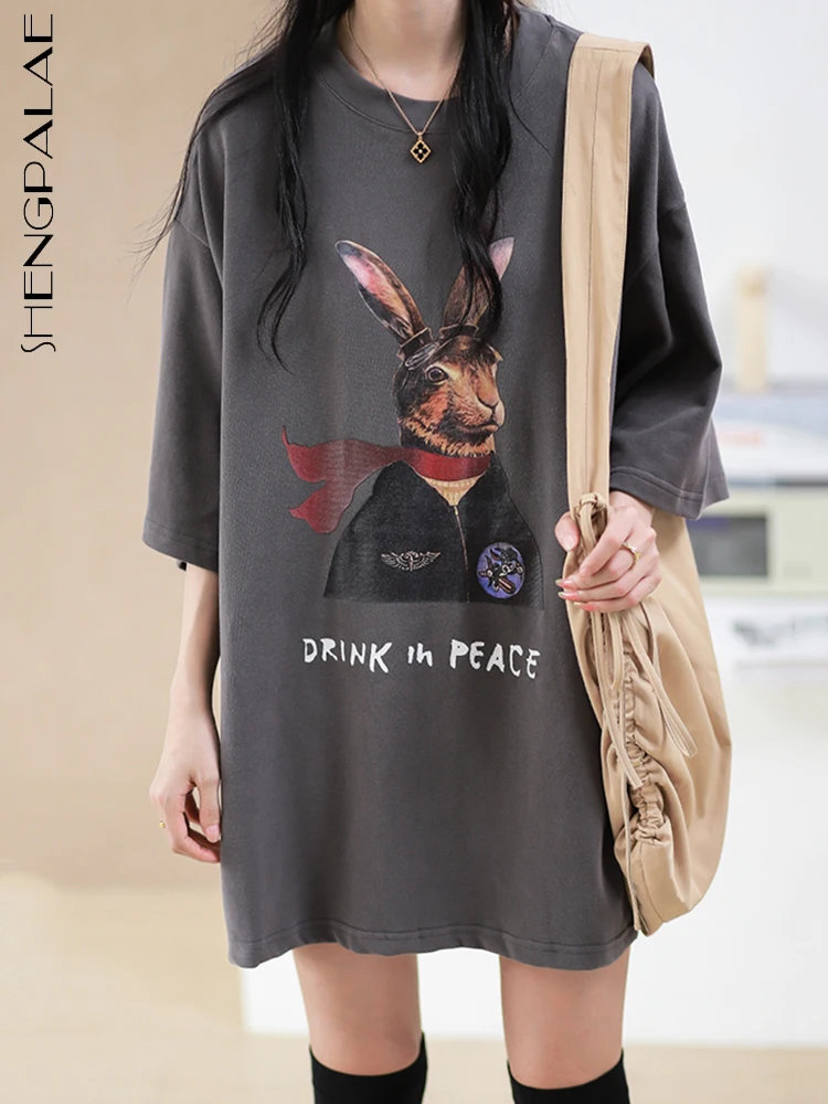 

SHENGPALAE модное женское платье-футболка с принтом кролика и буквенным принтом, платье с рукавом три четверти, лето 2023, новинка 5R3745