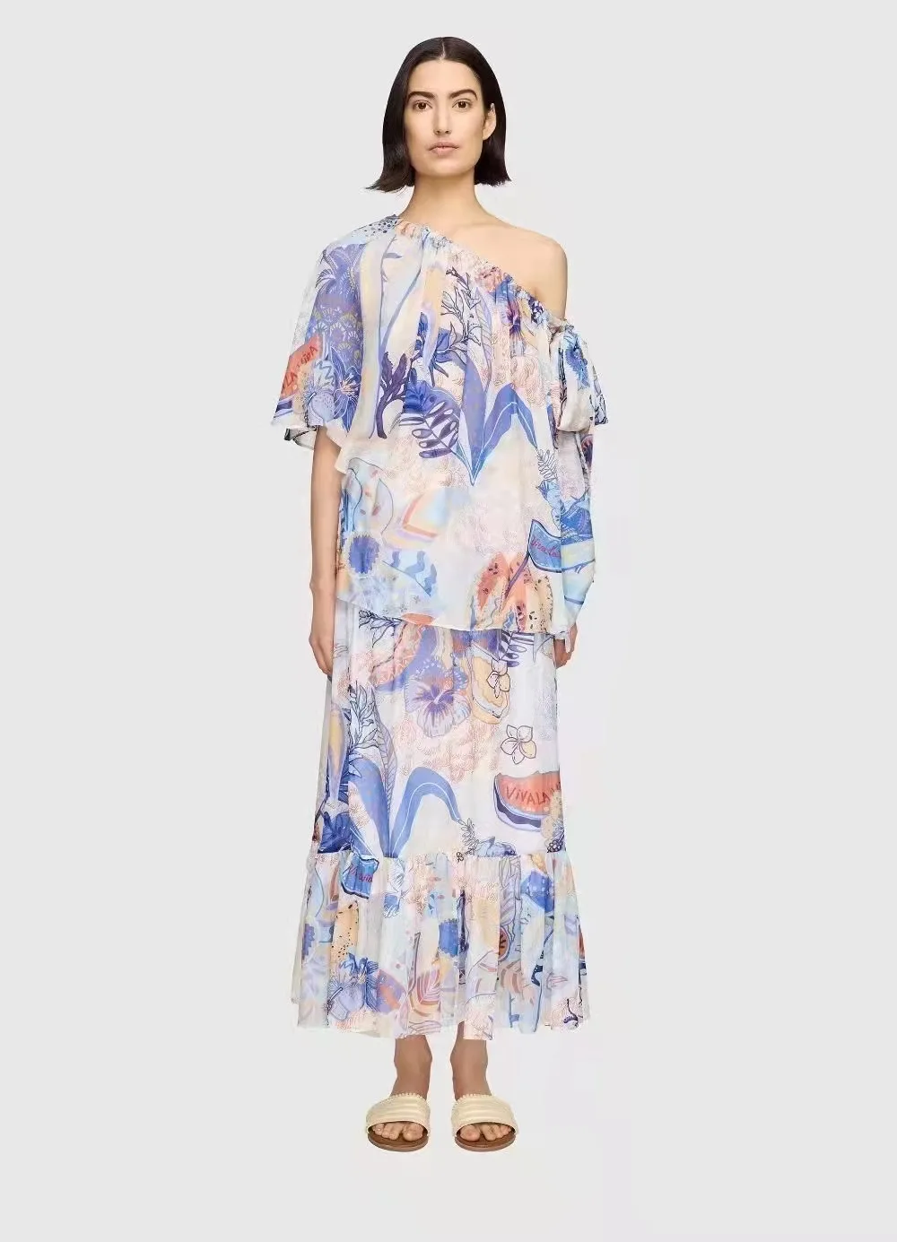 

2022 New Slash Collar Batwing Sleeve Purple Print Silk Top+ Elastic High Waist Long Skirts Set