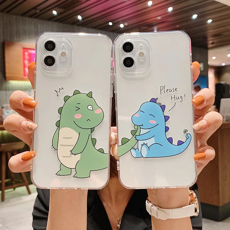 

Cute Cartoon Animal Dinosaur Couple Phone Case For iPhone 13 Pro Max 12 11 X XS XR 7 8 Plus SE Transparent Soft Shockproof Cover