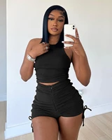 pleated casual two pieces outfits jogger sportswear summer fashion solid sleeveless ribbed crop top sexy shorts set