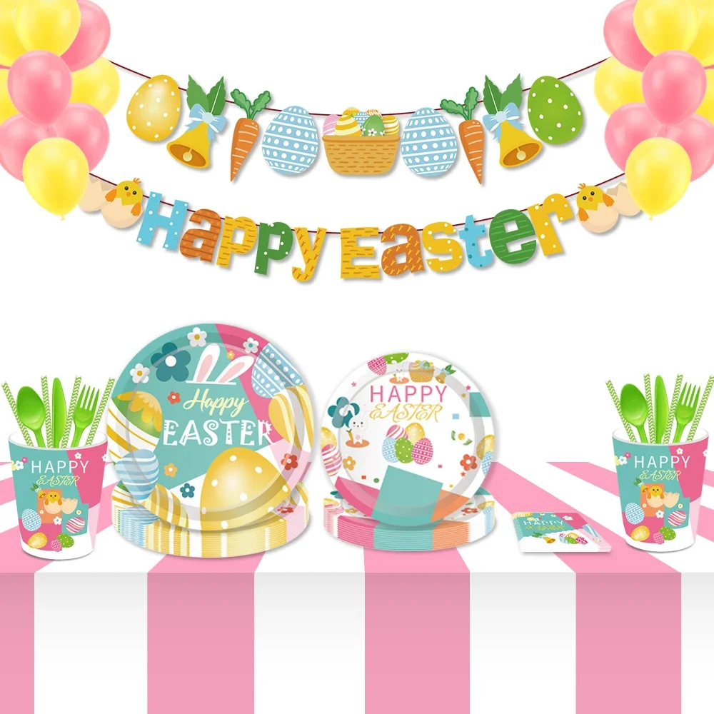 

Spring Cartoon Rabbit Chick Happy Easter Sunday Party Disposable Tableware Sets DIY Banner Easter Egg Birthday Party Decors