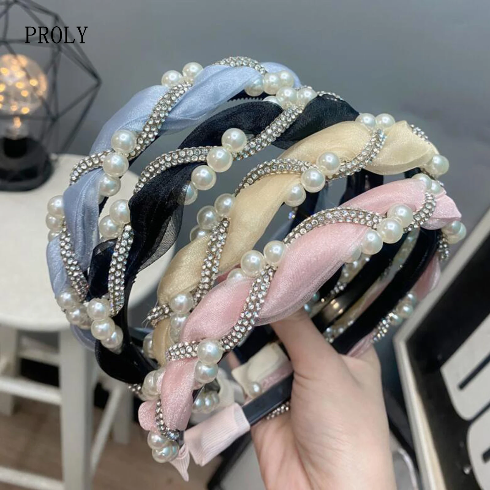 

PROLY New Fashion Spring Hair Accessories Fresh Light Color Headband Tangled Pearls Rhinestone Hairband Wholesale