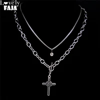 goth cross crystal layered necklace ot buckle womenmen silver color stainless steel punk necklaces hip hop chain jewelry n20375