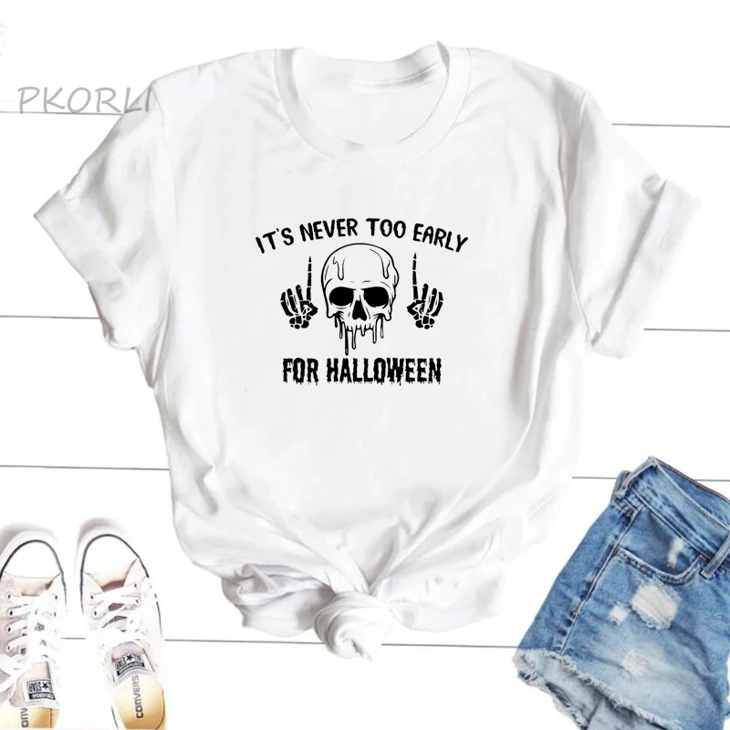

Skull Halloween Short Sleeve Print T Shirts It's Never Too Early for Halloween Fall Casual Skeleton Spooky T Shirt Female Tops