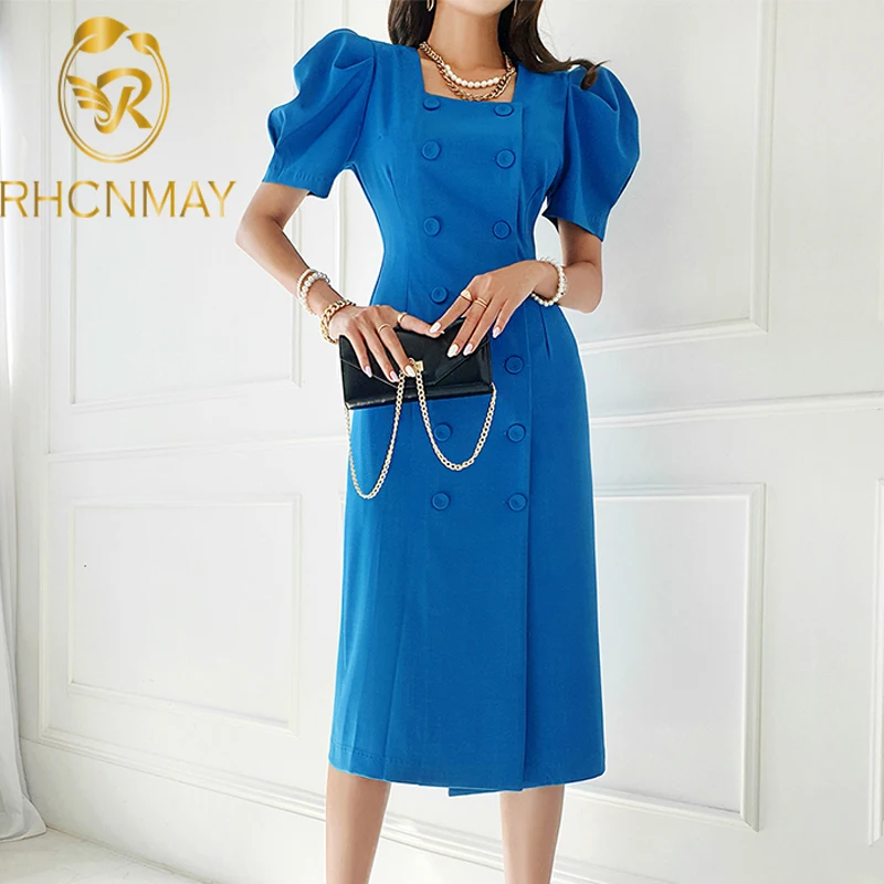 

Женское однотонное платье-футляр до колен, Элегантное синее платье-миди с коротким рукавом-фонариком и квадратным вырезом, лето 2022