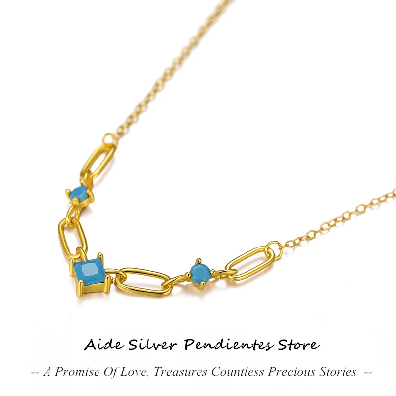 

AIDE 925 Sterling Silver Chain Necklace Paperclip Spacer Inlaid Turquoise Clavicle Necklace For Women Wedding Exquisite Jewelry