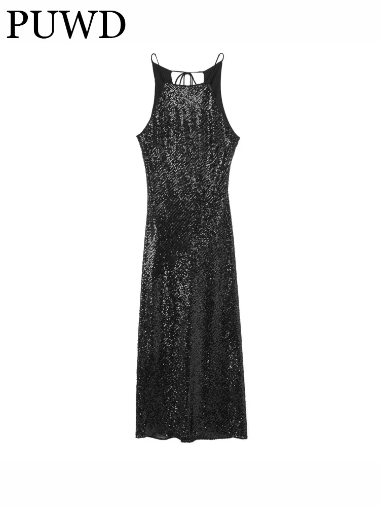 

PUWD Women Fashion Black Beadwork Midi Sling Dress 2022 Fall Vintage Lace-up Sleeveless Female Dress Vestidos Mujer