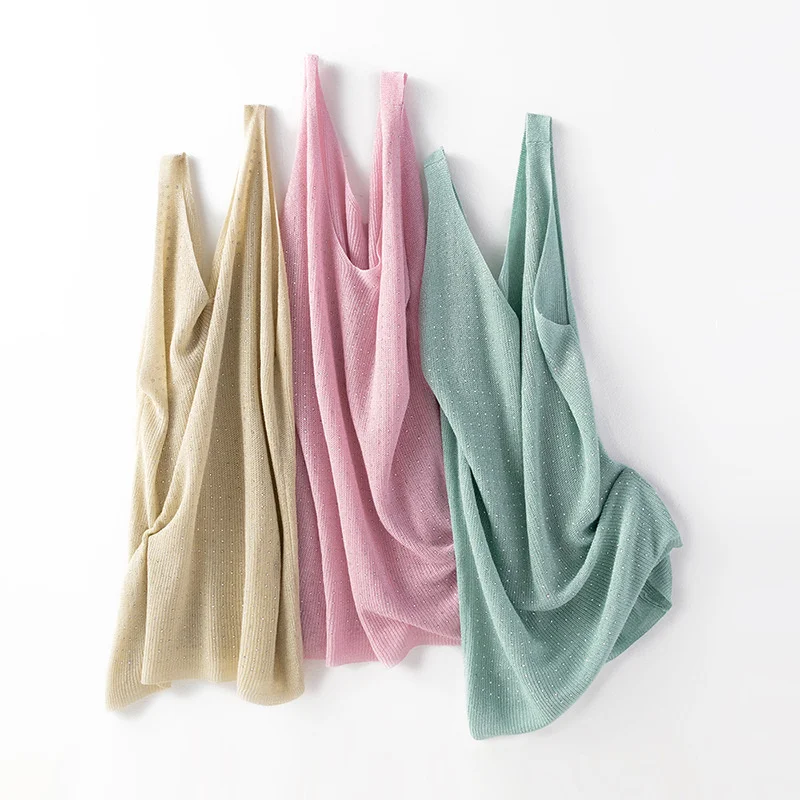 Летний вязаный Топ для женщин модная майка без рукавов Блестящий жилет с