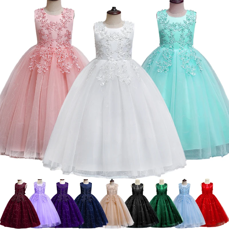 

4-14Years Young Girl Embroidered Beaded Mesh Long Dresses Formal Occasion Children Bridesmaid Host Performance Ceremony Costumes