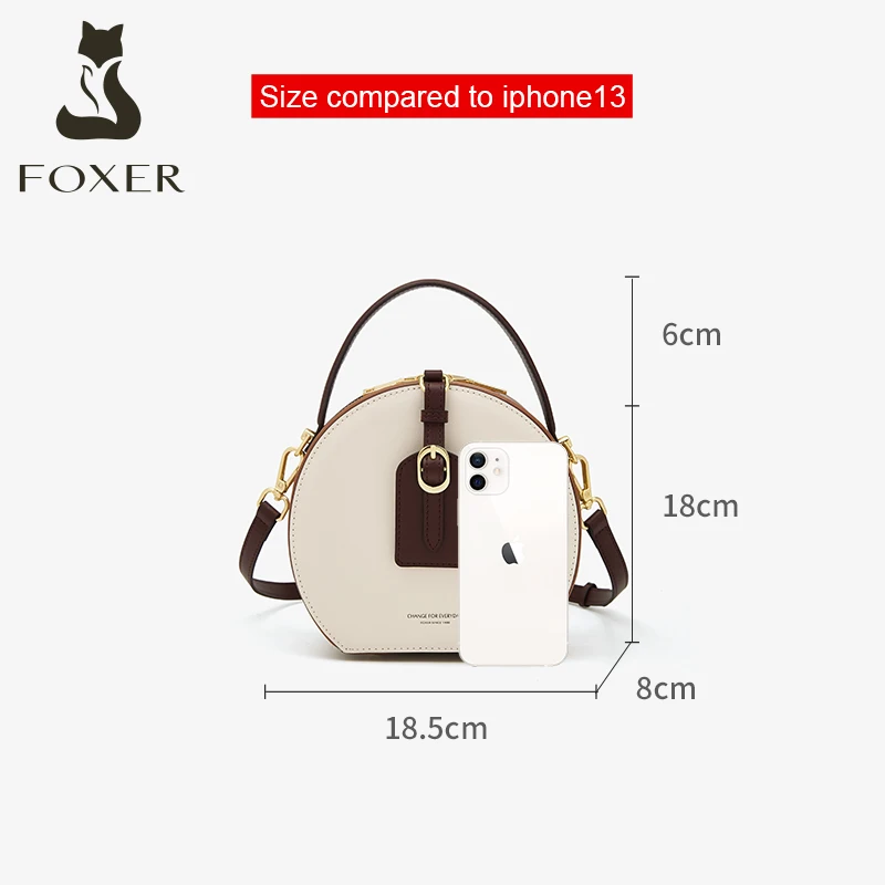 FOXER Female Stylish Round Crossbody Bag Split Leather Shoulder Bag Lady Design Circular Messenger Zipper Women's Small Handbags