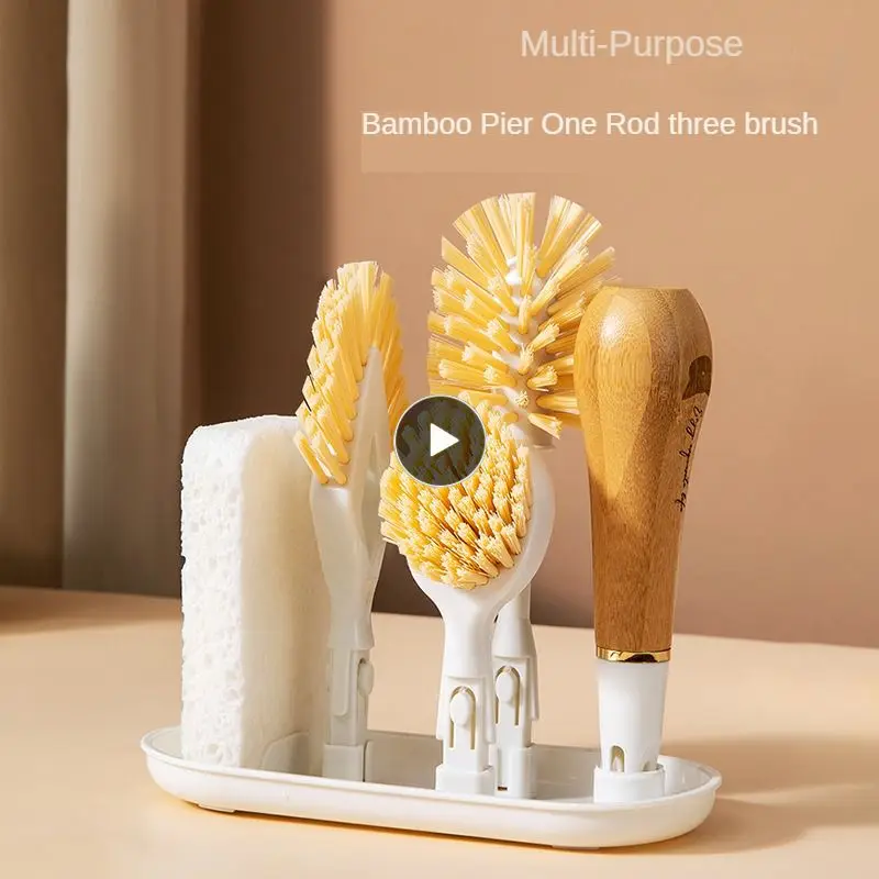 

One Rod Three-head Pot Brush White Yellow Can Replace Brush Head Cleaning Brush Kitchen Accessories Wood Pulp Cotton Cup Brush