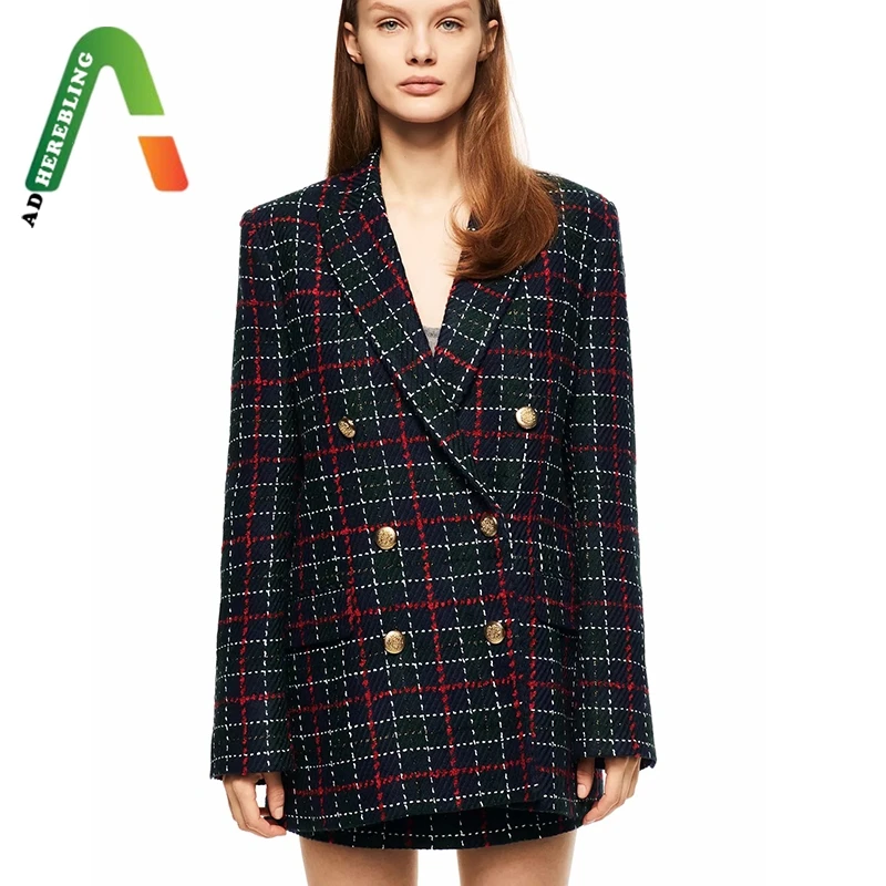 Женский костюм-двойка в клетку Adherebling деловой костюм с двубортным блейзером и