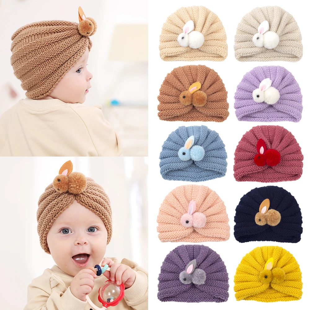 

Cute Rabbit Baby Turban Hat Newborn Toddler Kids Baby Girl Boy Knitted Beanie Hat Headwrap Headdress Solid Soft Hair Accessories