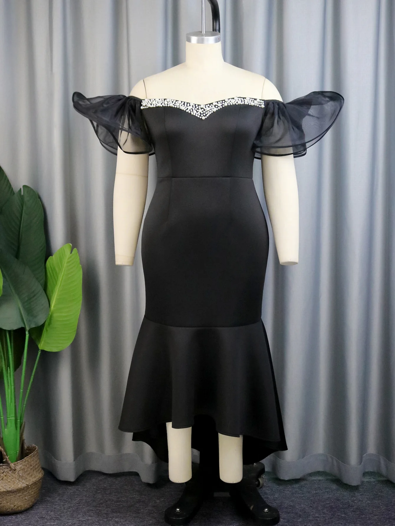 Plus Size Elegant Rhinestone Dress Women Mesh Puff Sleeve Cloth Lady Casual Luxury Robe 2023 Summer Trendy Party Evening Dress