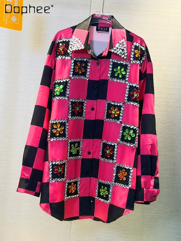 

Trendy Brand Exquisite Rhinestone Plaid Blouse Women 2023 Spring Autumn Loose Mid-Length Single-Breasted Long Sleeve Shirts