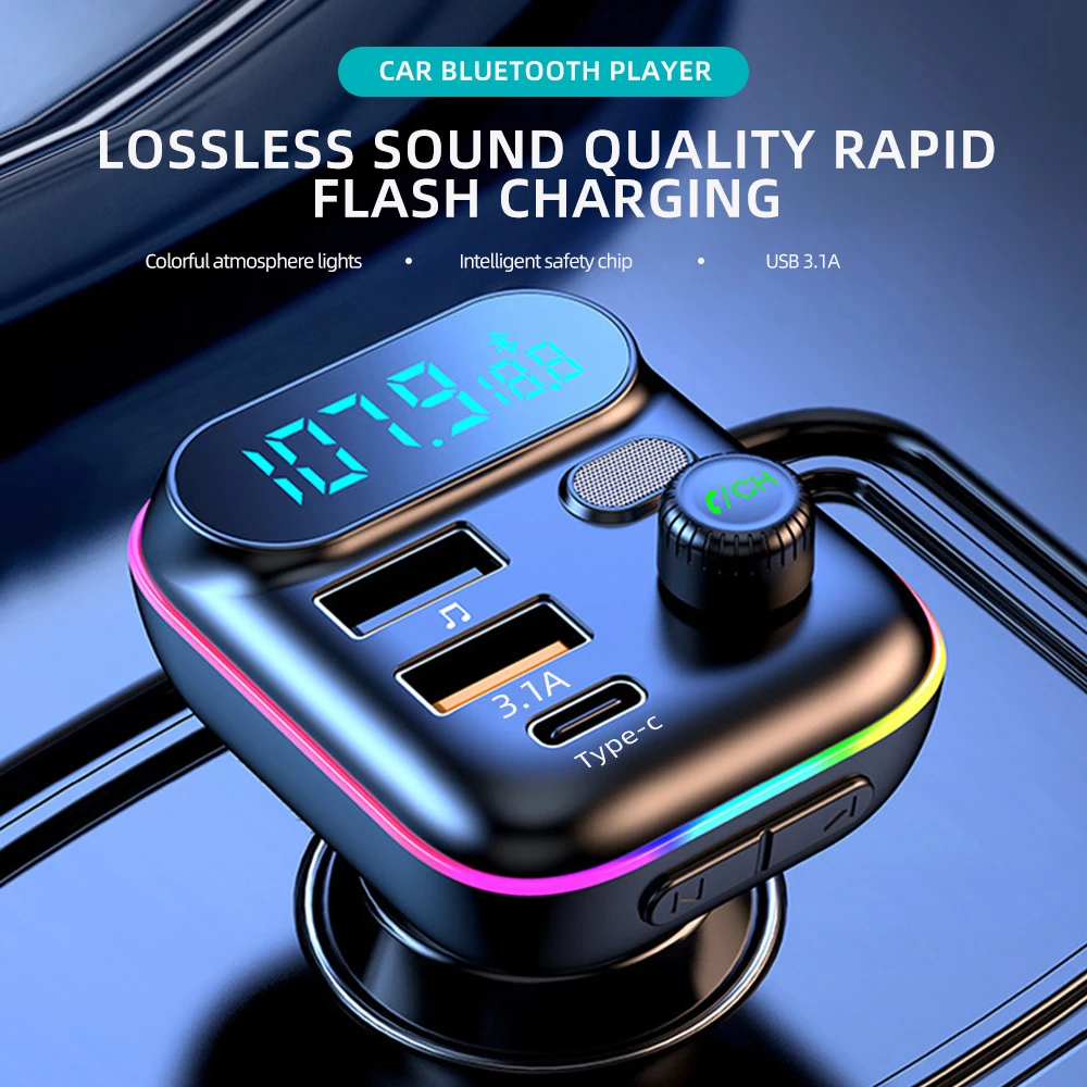 

Car Bluetooth 5.0 FM Transmitter Fast USB Type C Car Charger Colorful Handsfree Car Kit Mp3 Player Support TF Card B