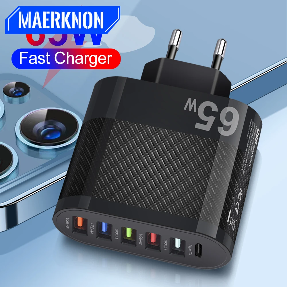 

65W 6 Ports USB Charger Quick Charge 3.0 For iPhone 14 13 Xiaomi Samsung Mobile Phone Type C Fast Charging Charger Power Adapter