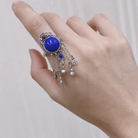 original 925 sterling silver natural lapis lazuli tassel ring chinese style retro ethnic adjustable open finger rings jewelry 70