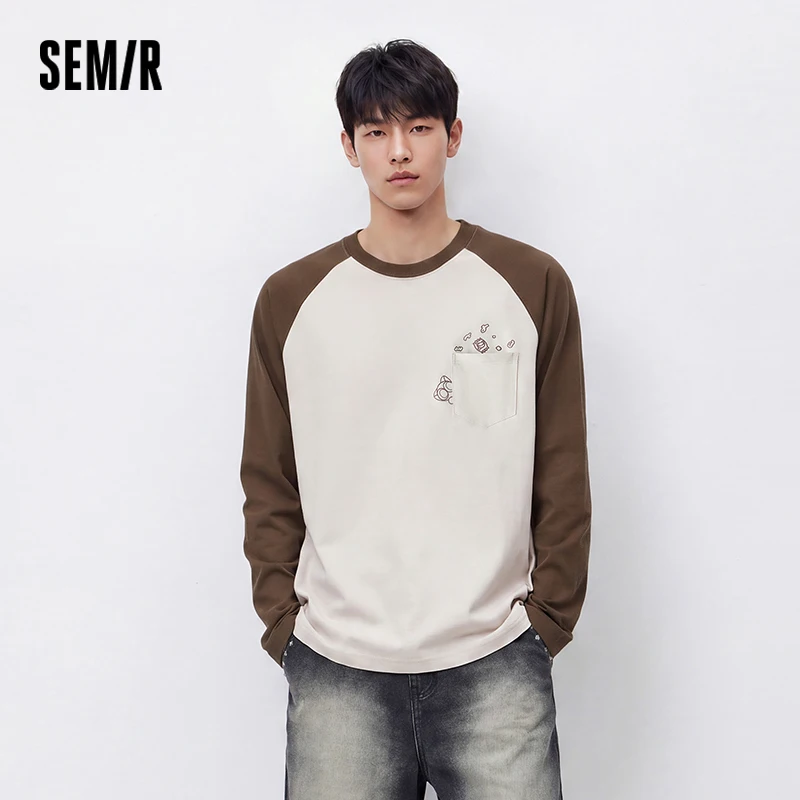 Фото Мужская футболка Semir с длинным рукавом реглан, в стиле ретро-колледж, осенняя коллекция 2026, парный пуловер, повседневный топ на каждый день №1