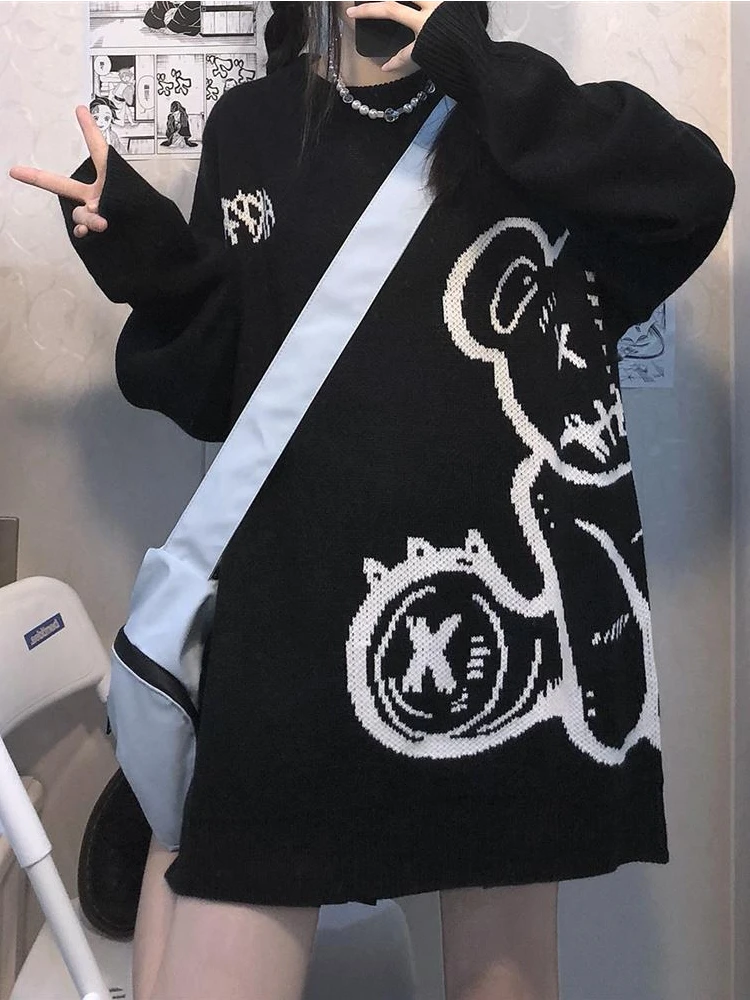 

Deeptown Y2K Kawaii Oversized Sweater Women Japanese Harajuku Anime Knitted Jumper Loose Casual Crewneck Tops Gothic Streetwear