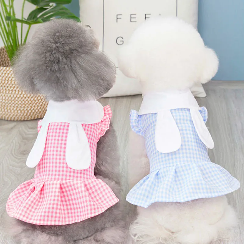 

Rabbit Ears Dog Clothes Summer Flying Sleeve Plaid Dog Shirt Dress For Small Medium Dogs Chiwawa Puppy Cat Tutu Skirt Bichon XXL