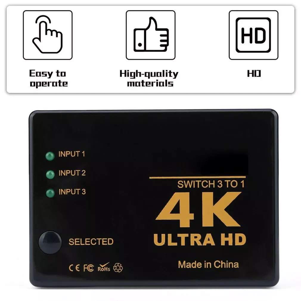 

3 Ports HDMI-compatible Switch 4k 3D Selector Splitter Hub with IR Remote Controller for HDTV DVD BOX HDMI-compatible Switcher