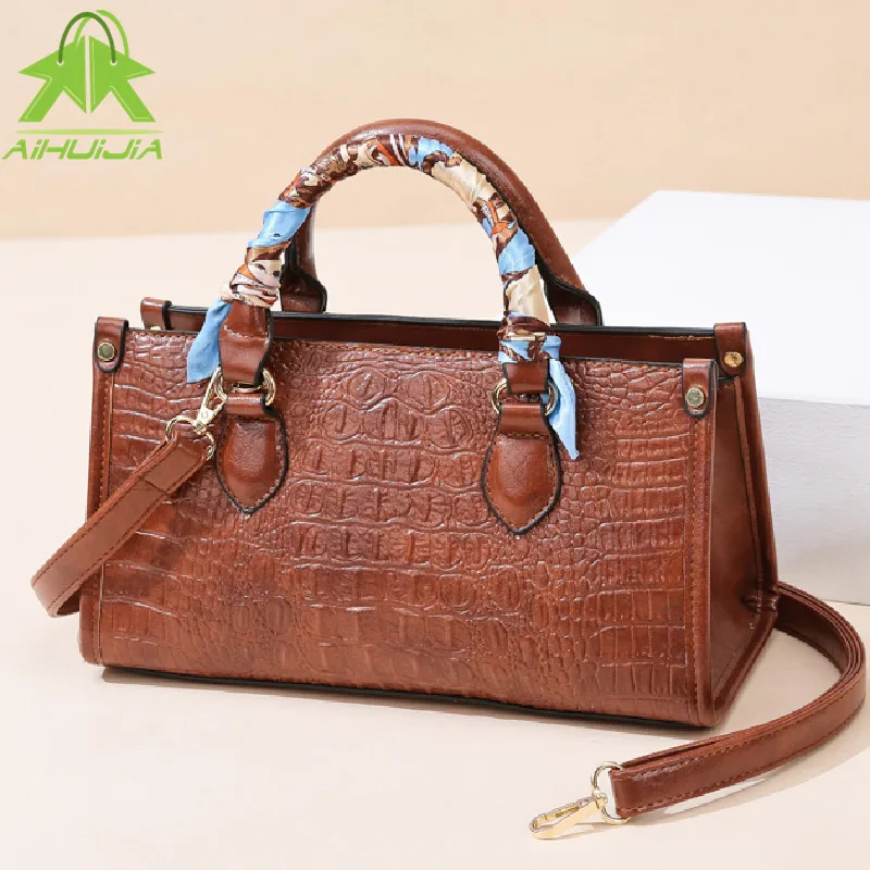 

Fashion Ribbon Shoulder Bags for Women High Capacity Messenger Bag 2022 New Crocodile Pattern Pu Leather Women Travel Handbag