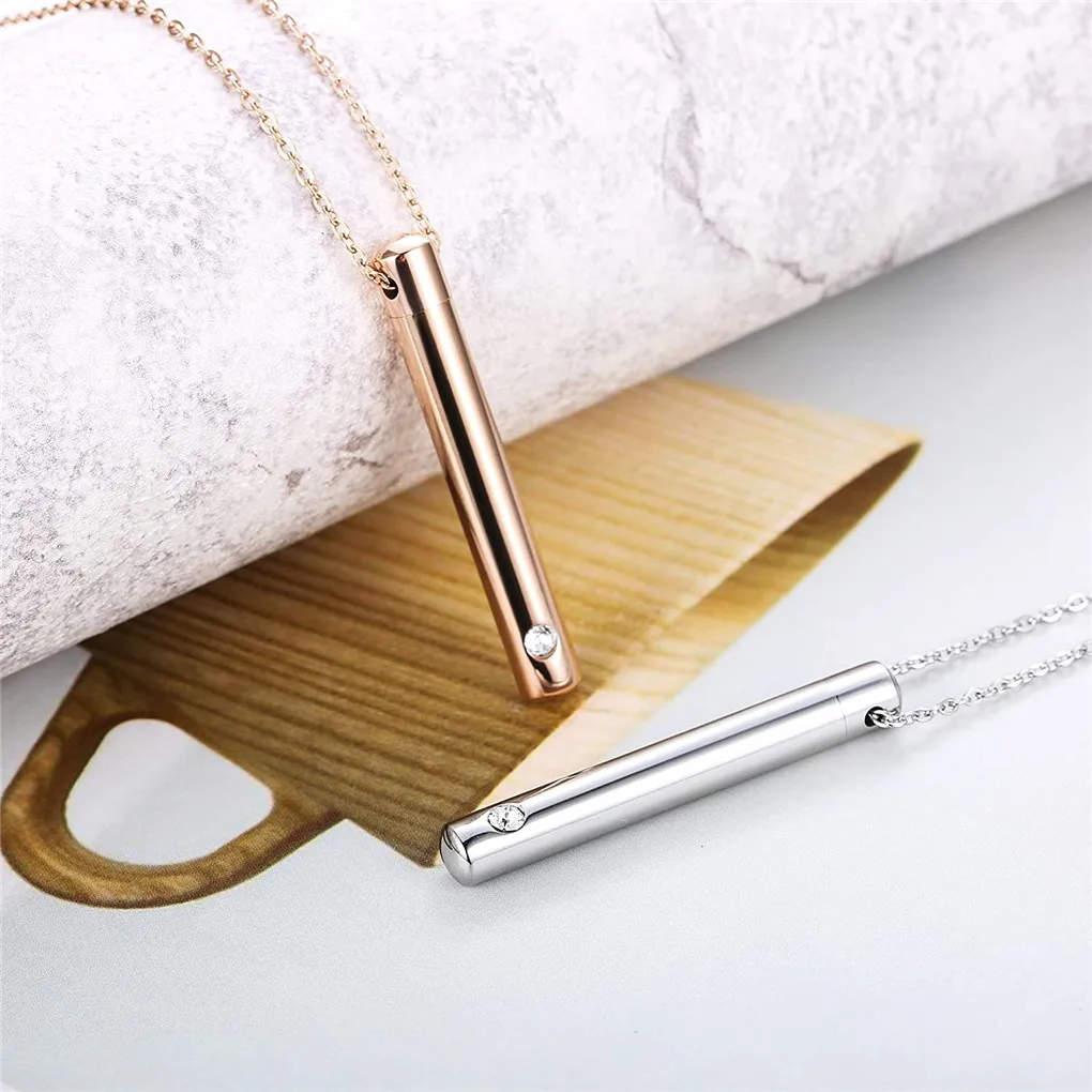 

Crystals Stainless Steel Bar Jar Pendant Aroma Diffuser Perfume Necklace Women Men Neck Jewelry