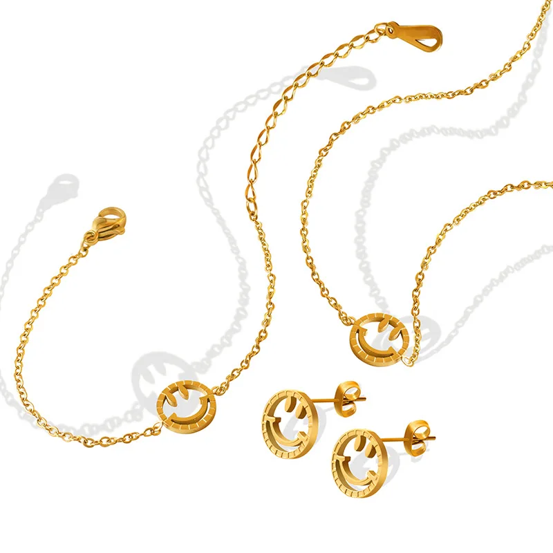 

Hollow Out Smiley Face Jewelry Sets of Pendant Necklace Bracelet and Earring with 18K Gold Plated Anniversary Birthday Gifts