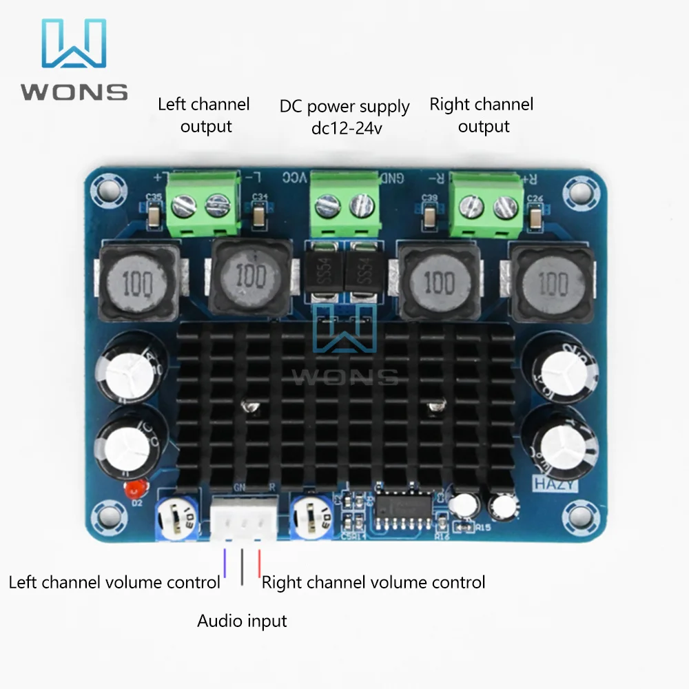 

XH-A283 High Power Digital Power Amplifier Board TPA3116D2 100WX2 DC 12V-24V Short Circuit Protection 27×52mm Hole
