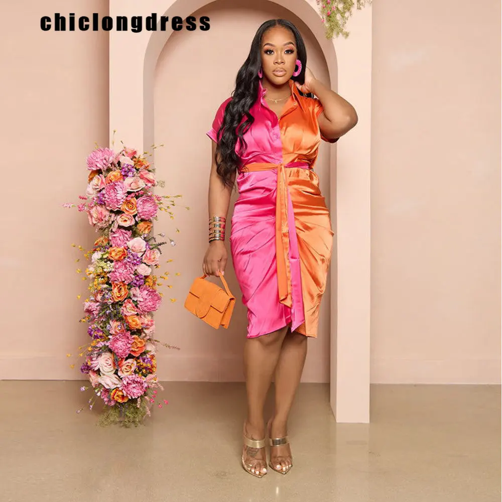 

Платье-рубашка женское атласное, модное повседневное контрастное платье-рубашка с воротником-поло, на пуговицах, с коротким рукавом, Офисная Мода, на лето