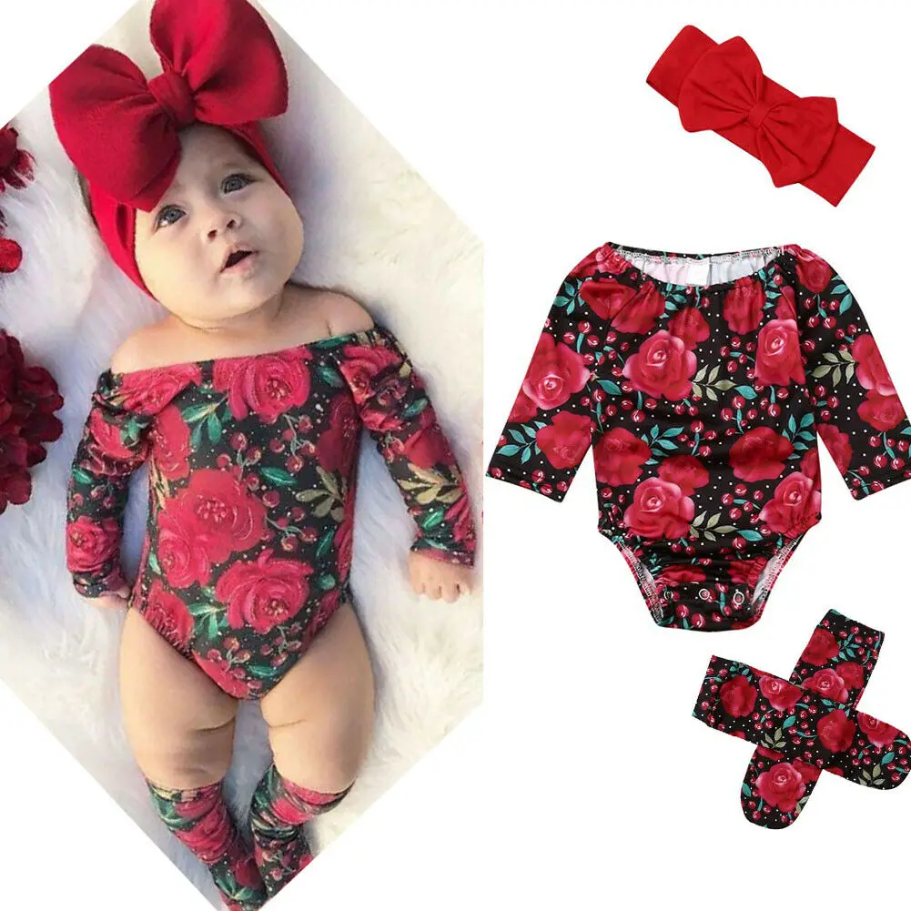 

Baby Girl Fashion Floral Bodysuit Romper with Headband Socks Stockings 0-24M Newborn Infant Toddler Spring Fall Casual Outfits